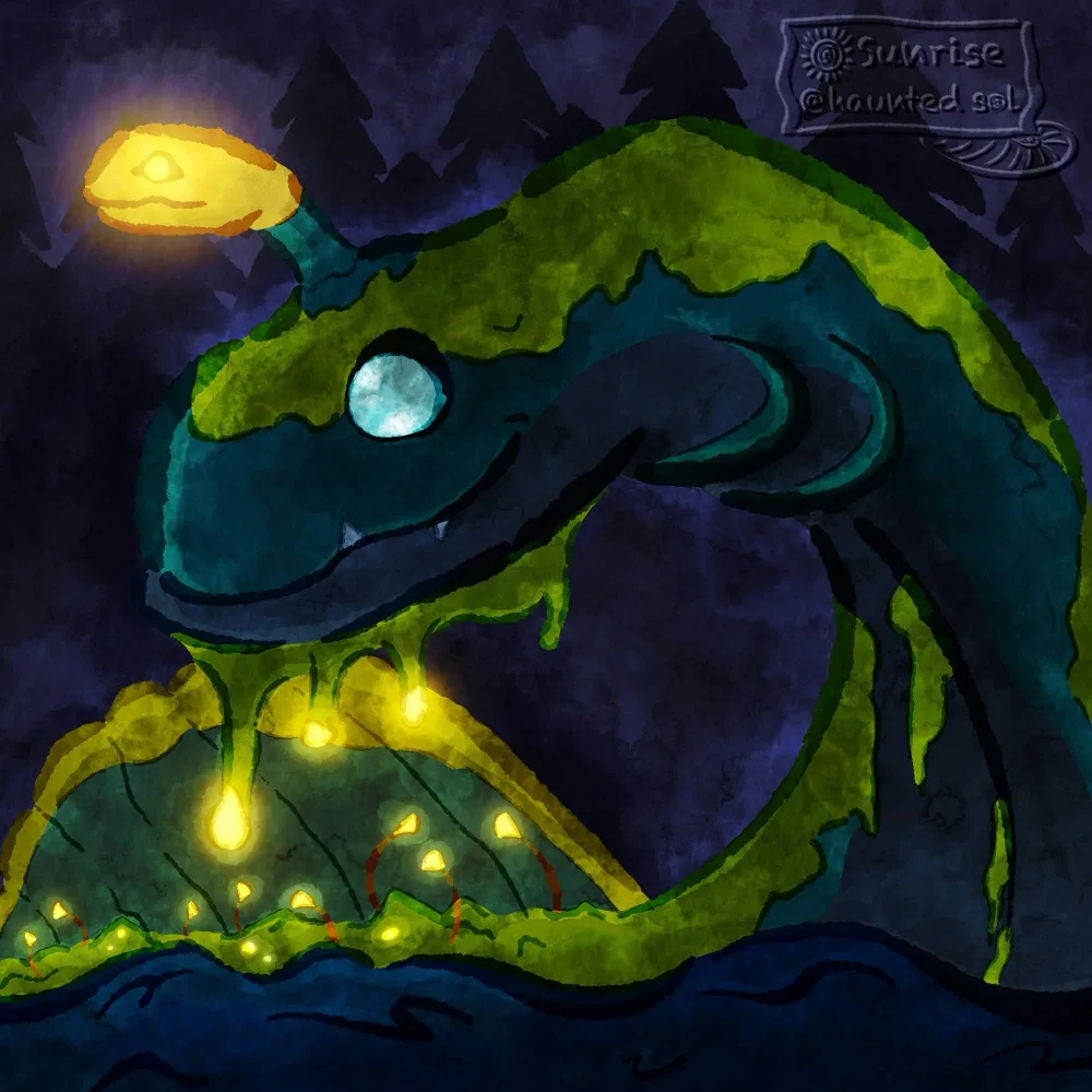 Watercolor fan-art of a moss-covered sea serpent with a glowing lure, rising from dark water beside glowing mushrooms under a pine forest at night.