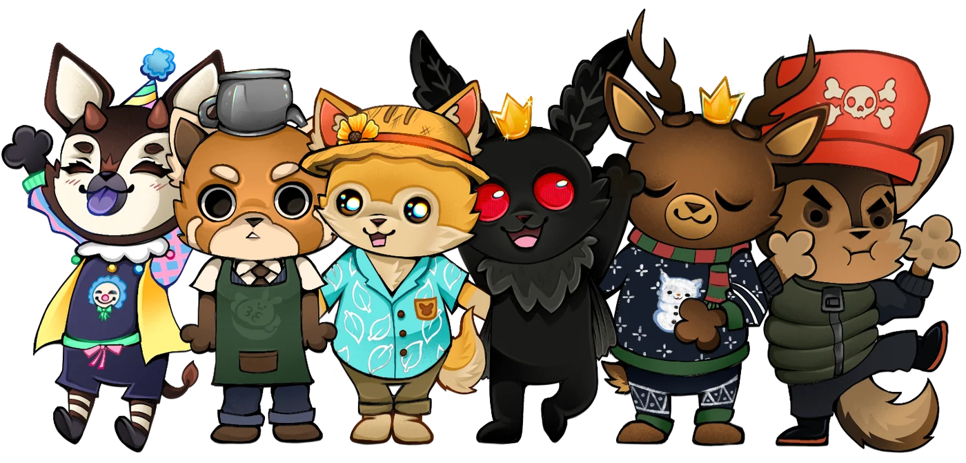 The Coffee Moth crew drawn as six cartoon animals standing arm in arm: a party-hat goat in a clown shirt, a red panda with a coffee pot on its head, a cat in a sun hat and leaf shirt, a red-eyed black moth with a crown, a crowned deer in a holiday sweater, and a grumpy dog in a skull-and-crossbones cap.